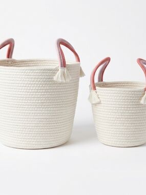 Set of Cream Rope Storage Baskets with Pink Handles